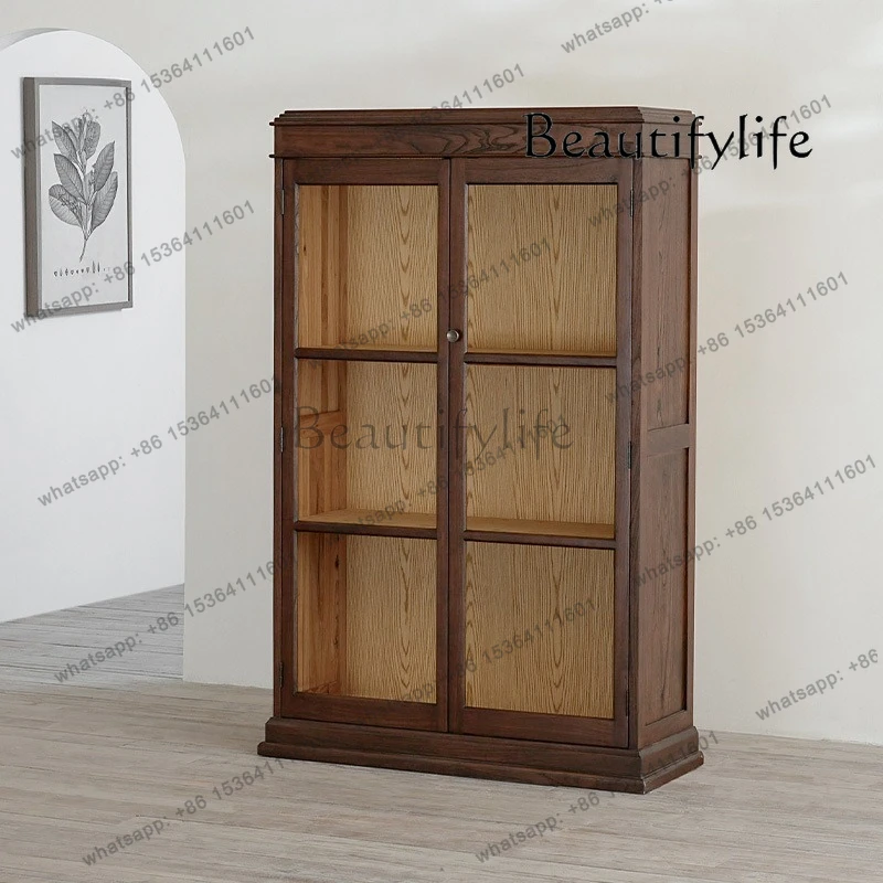 خزانة عرض زجاجية من الخشب الصلب للمنزل القديم الأمريكي الريفي القديم، خزانة جانبية عالية طبق الأصل من اليابانية العتيقة