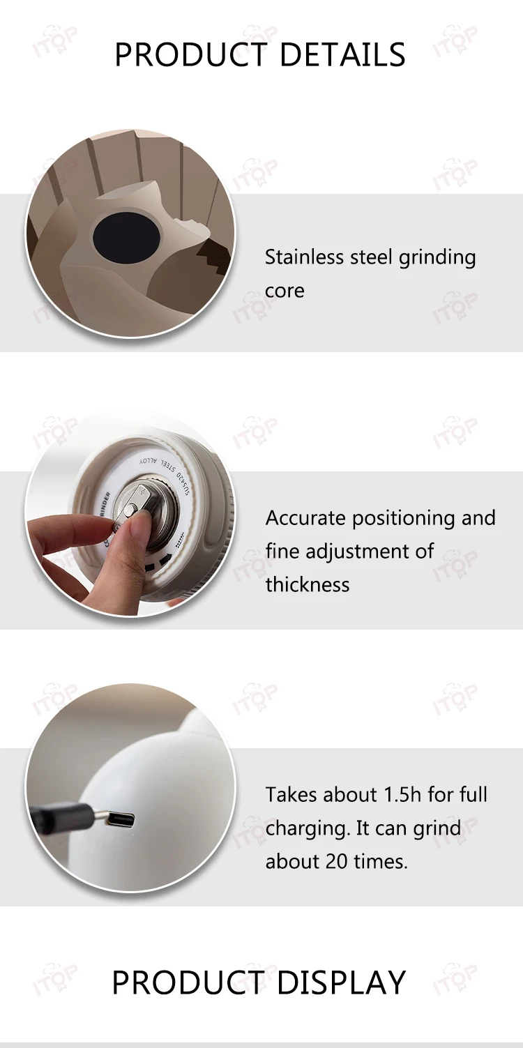 ITOP Portable Charging Coffee Grinder 20-25g batteria di accumulo 800mAh USB 5V 2A tipo di ricarica CStainless Steel Burr