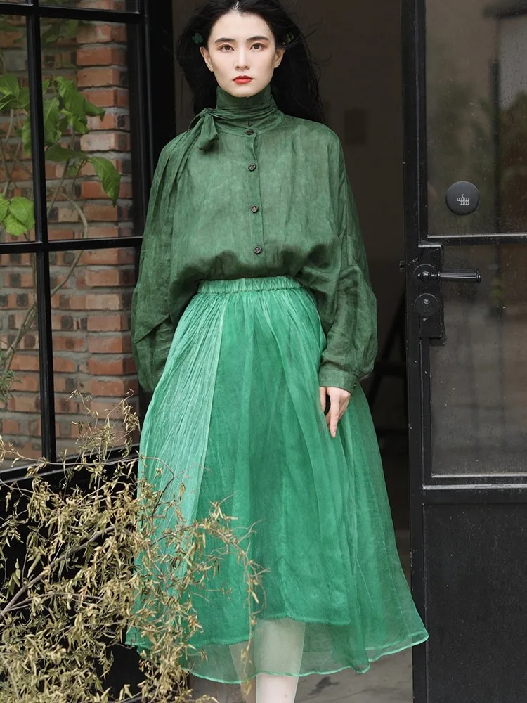 

Ручная работа из настоящего шелка, шифоновая интеллектуальная окраска, изумрудное искусство художника, ретро-деконструированная юбка, женская мода