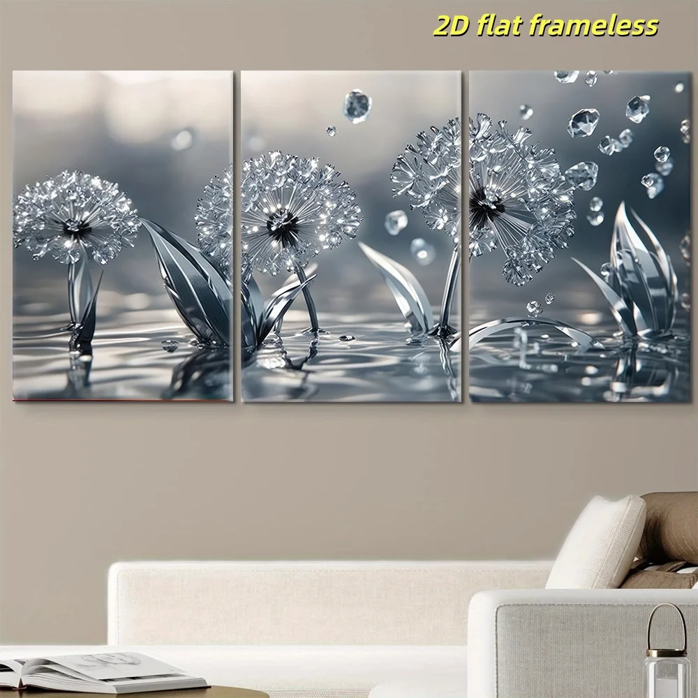 3-piece set of modern minimalist crystal dandelion canvas posters, art decoration for living room, bedroom, and foyer walls, 2D