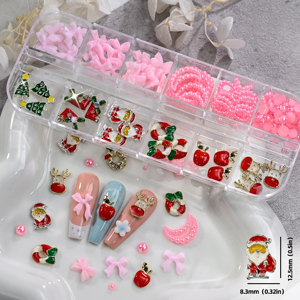 12 griglie glitter 3D ciondoli per unghie in lega di Natale e fiocchi di farfalla rosa in resina set di decorazioni fai da te carino y2k forniture per unghie natalizie