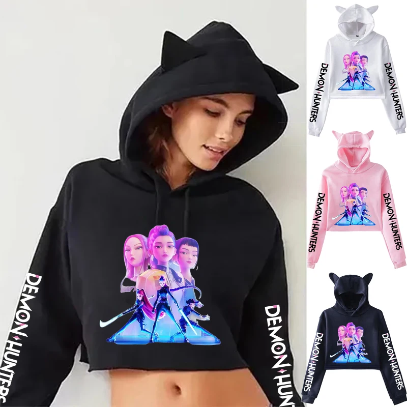 

Fashion Women Teens Cat Ears Cropped Hoodie K Pop Demon Hunters Hoodie Female Casual Long Sleeve Hooded Sweatshirt Pullover Tops