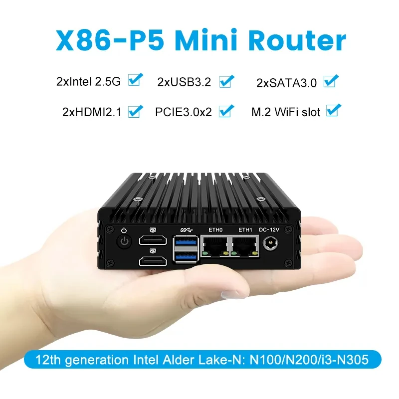 Topton P5 12th Gen كمبيوتر جدار الحماية الصغير I3 N305 N355 N100 N150 DDR5 2xi226-V 2.5G LAN Pocket Mini PC Fanless Proxmox Server