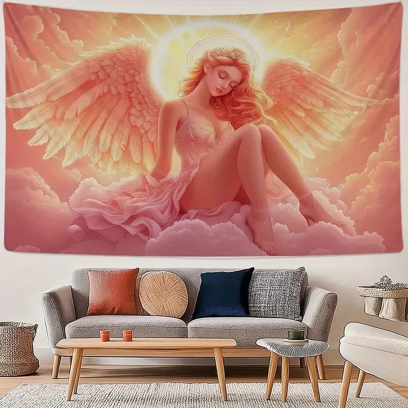 Beautiful Angel Wings Tapestry Wall Hanging Boho Nursery Decor Soft Pink Celestial Goddess Art Print