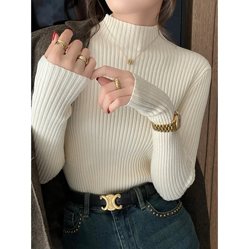 

2025 New Pullovers Women Long Sleeve Casual Turtleneck Warm Basic Sweater Knit Jumpers Solid Color Slim Tops