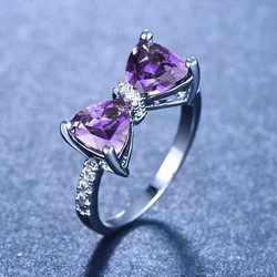 Personality Purple-colored CZ Bow Rings for Women Fancy Bride Wedding Ceremony Party Finger-ring Nice Gift Fashion Jewelry