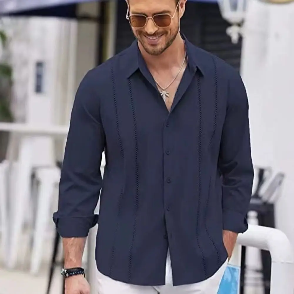Mens Vintage American Retro Striped Long Sleeve Shirt Casual Loose Fit Button Down Tops Fashionable Streetwear Tee