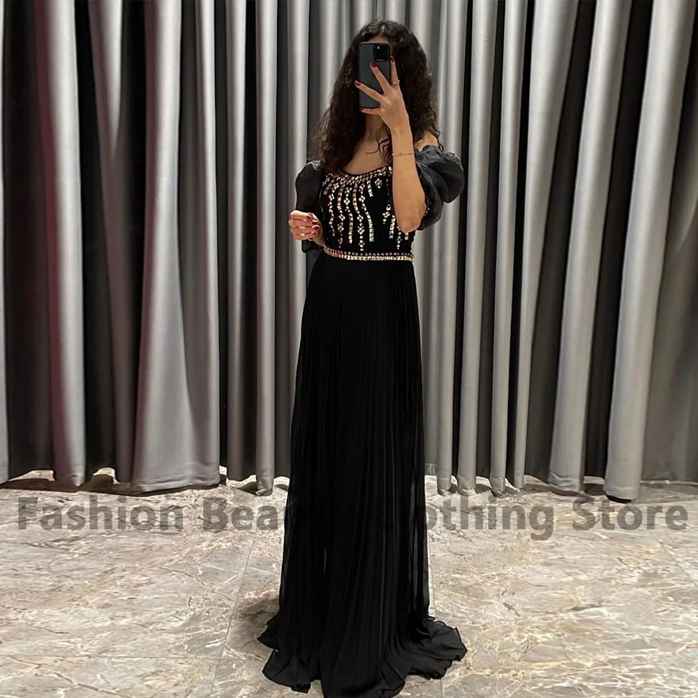 

Black Elegant Vestidos De Gala Off The Shoulder Draped Chiffon Puff Sleeve With Beading Vestidos Para Mujer Elegantes Y Bonitos