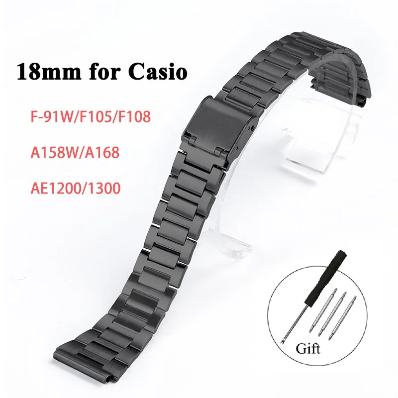 18mm for Casio F-91W F105/108 A158 A168 AE1200 AE1300 Replacement Bracelet Stainless Steel Metal Watch Band Men Belt Accessories