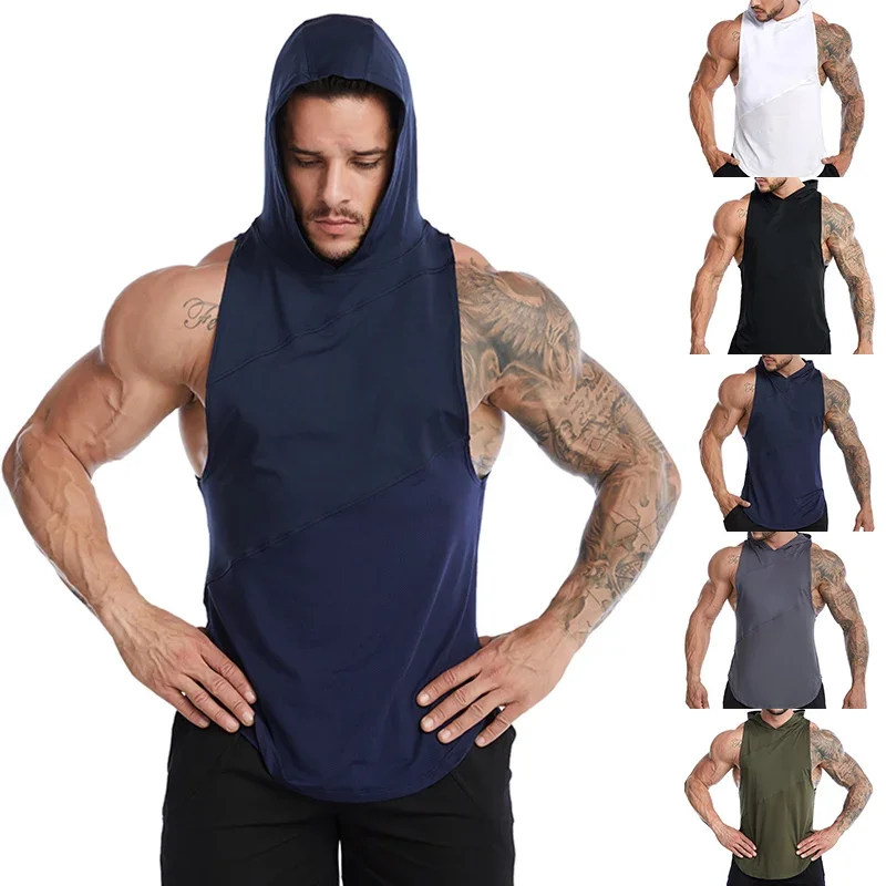 Large men's sports vest, summer hooded fitness quick drying vest, sweat prone running, basketball vest for outdoor wear