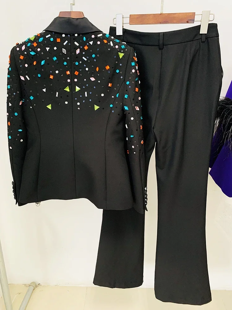 Mulheres slim encaixe strass conjunto de calças e blazer frisado de diamantes, terno da moda High Street Runway, nova estilista, 2022