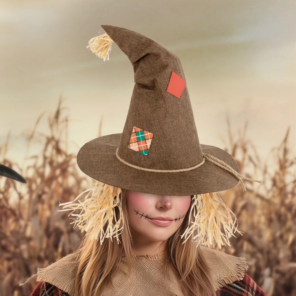 Rustic Scarecrow Costume Hat Patchwork Burlap Pointed Hat Straw Fringe Rope Trim Women Halloween Farm Themed Party Accessory