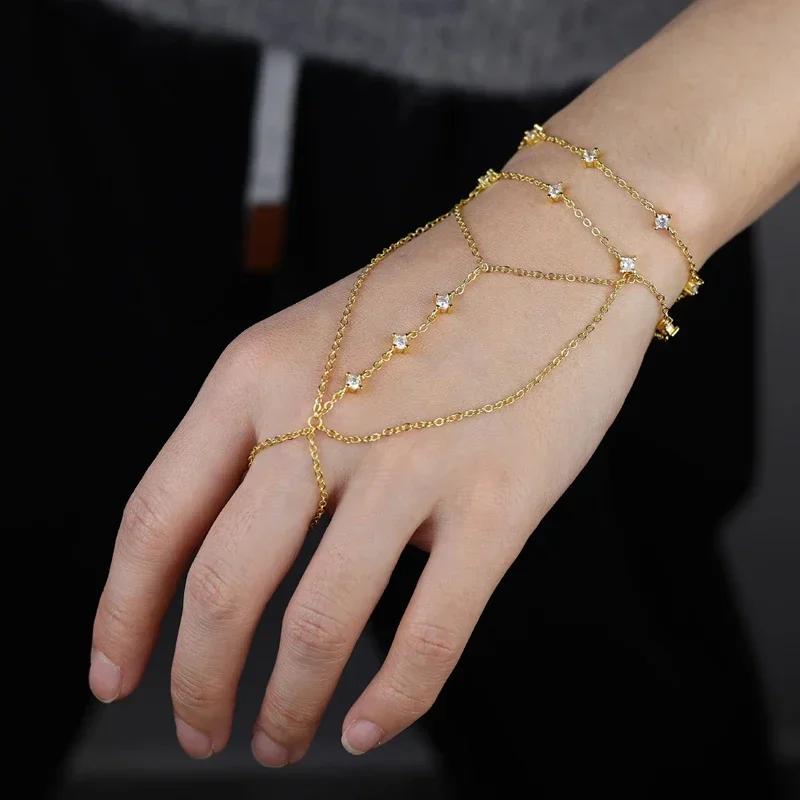 

Новая мода ручной работы рабский браслет микро-паве кубический циркон ручная цепочка с кольцом на палец женские свадебные украшения подарок