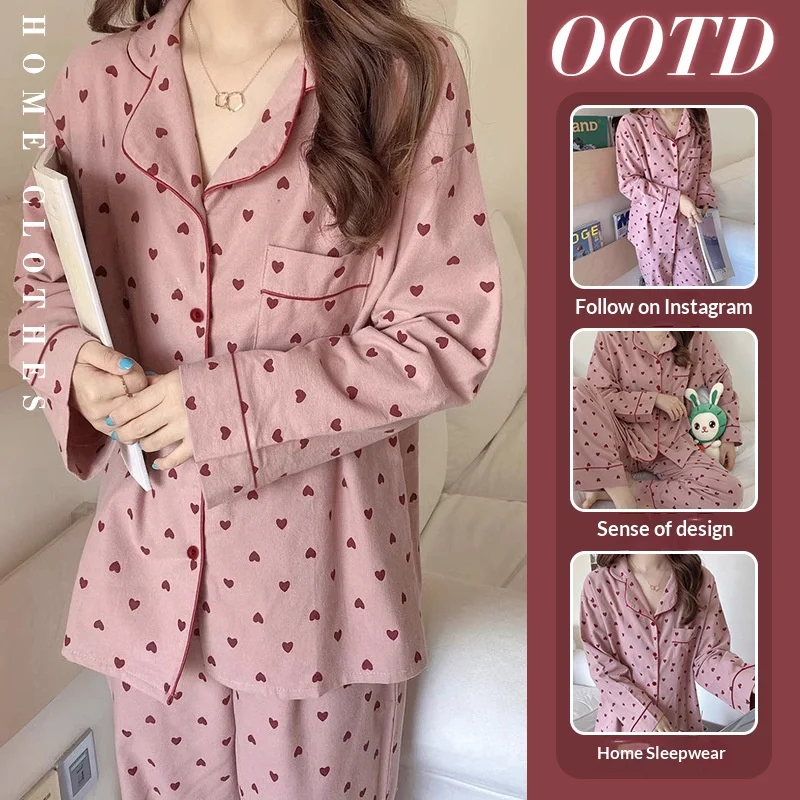 

Spring and Autumn New Women's Pajama Home Clothes Set Love Color blocked Loose Collar Pajama Home Clothes Long Sleeve Long Pants