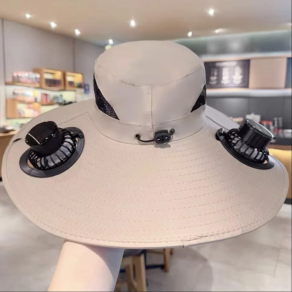 

Wide Brim Solar Fan Hat Big Brim Sun Protection Fisherman Hat with Dual Fan Solar Powered Fan USB Charging Outdoor Beach Hat