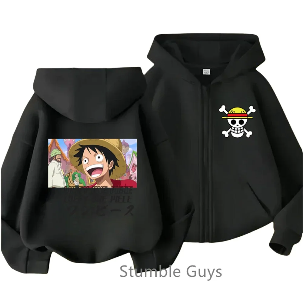 Anime One Pieces Kids Zipper Hoodie Cartoon Printed Autumn/Winter Long Sleeved Hooded Sweatshirt Casual Top for Boys and Girls