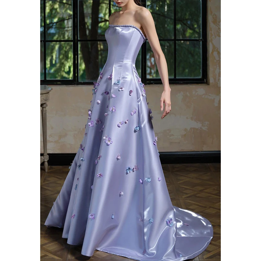 

Лавандовое вечернее платье Атласное платье для выпускного вечера без бретелек на молнии сзади Вечернее платье со шлейфом