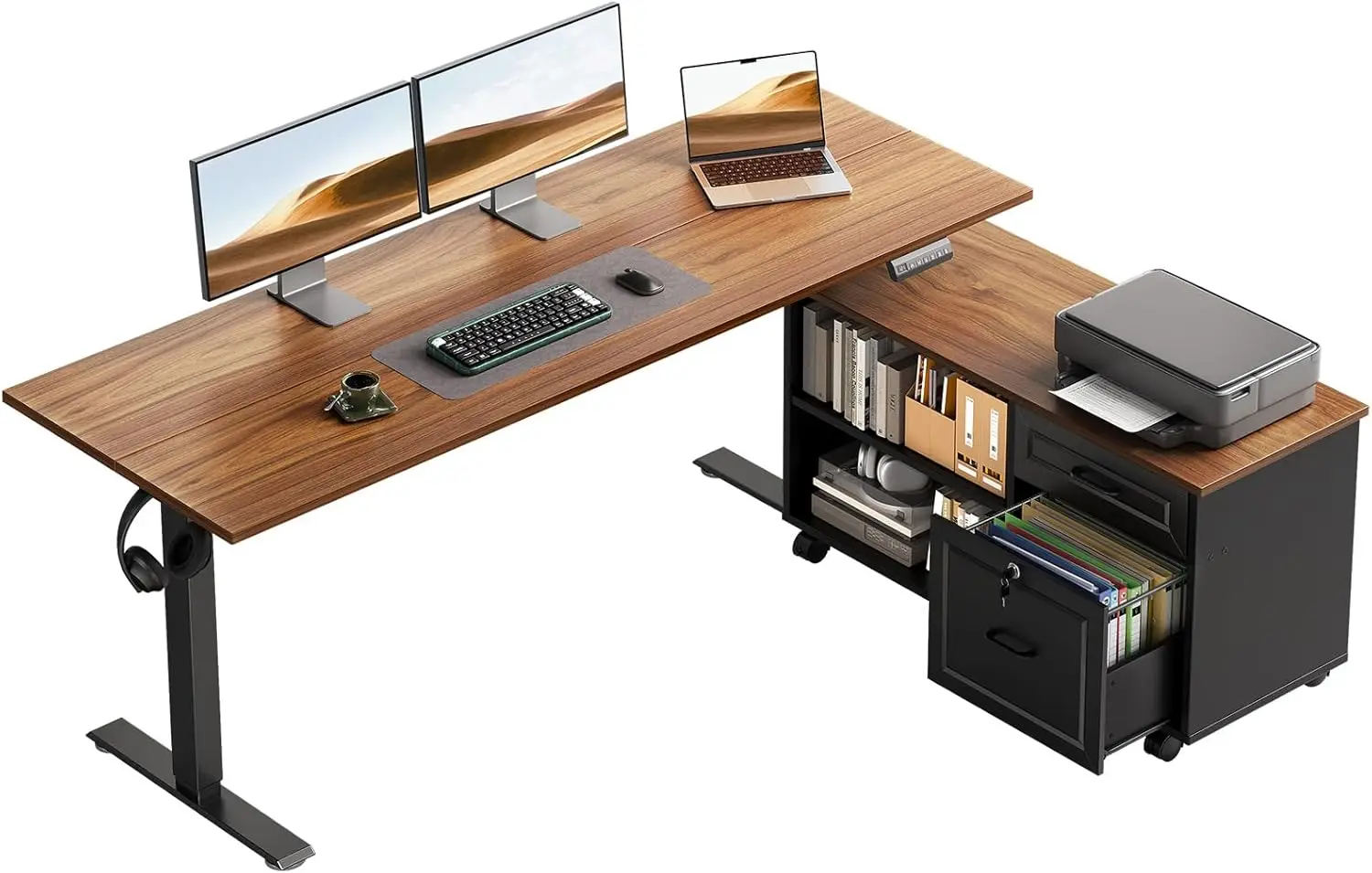 

55 Inch L Shaped Electric Standing Desk with Drawers & File Cabinet Sets, Executive Sit Stand Desk, Workstation, Walnut+Black