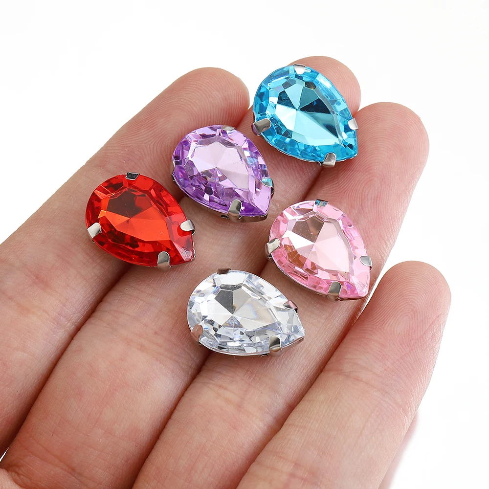 50Pcs Silver Colour Claw Basing Glass Water Drop Shape Rhinestone Beads Crystal Sew on Bead Fit DIY Dress Jewelry Making Supplie