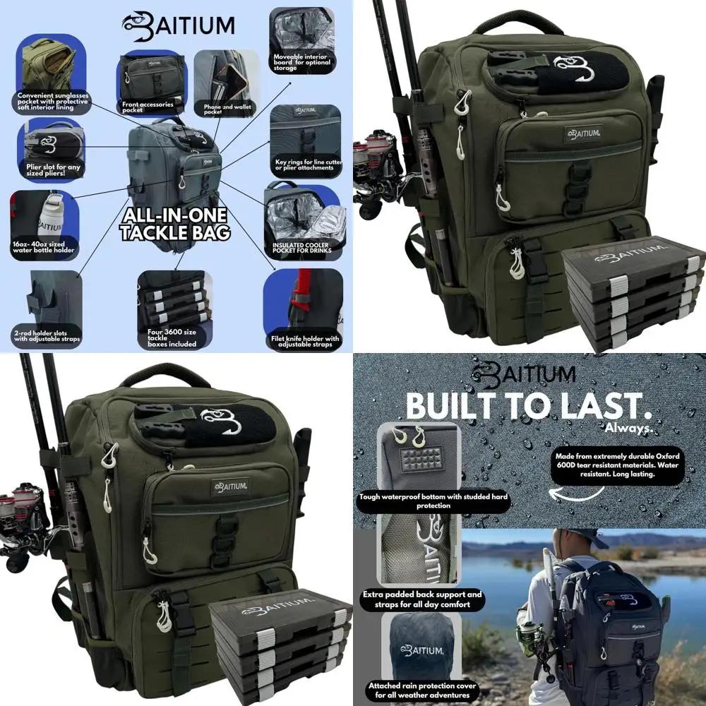 

40L Fishing Backpack with Rod Holders, Cooler, Rain Cover, Insulated Pocket, 4 Tackle Trays - Green