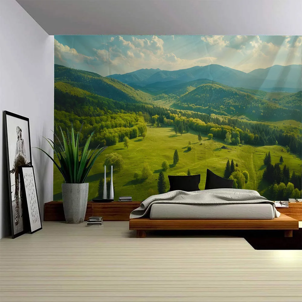 Green mountain and river tapestry wall hanging, Bohemian hippie background poster, home art decoration fabric mural, bed sheets