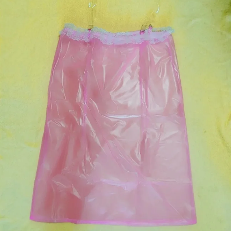 Sexy Transparent PVC Plastic Lace Slip Dress Soft Silent ABDL Adult Baby Diaper Skirt Erotic See Through FKK Private Party Club