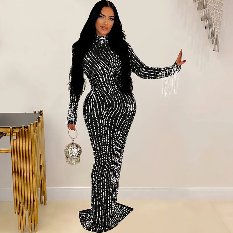 

Sparkly Crystal Rhinestone Bodycon Maxi Dress Women Wedding Evening Long sleeve Mesh See Through Night Party Club Birthday Dress