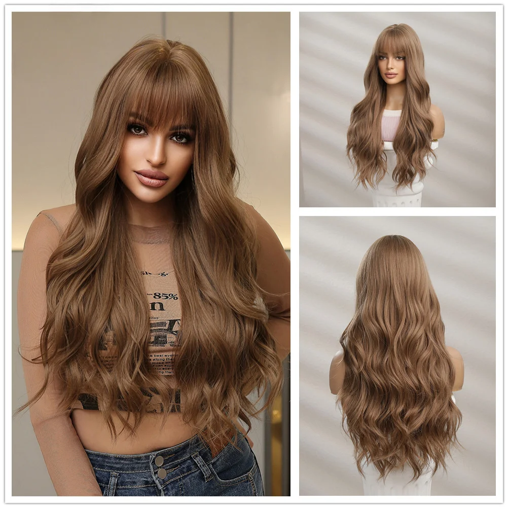 

Long Wavy Synthetic Medium Brown Wig with Bangs Heat Resistant