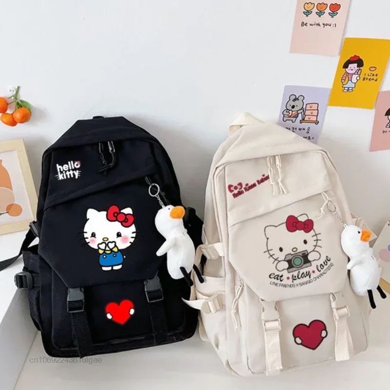 Sanrio Hello Kitty Backpacks Student Cartoon School Bag Korean Style Kawaii Shoulder Bags Y2k Girls Casual Backpack with Pendant