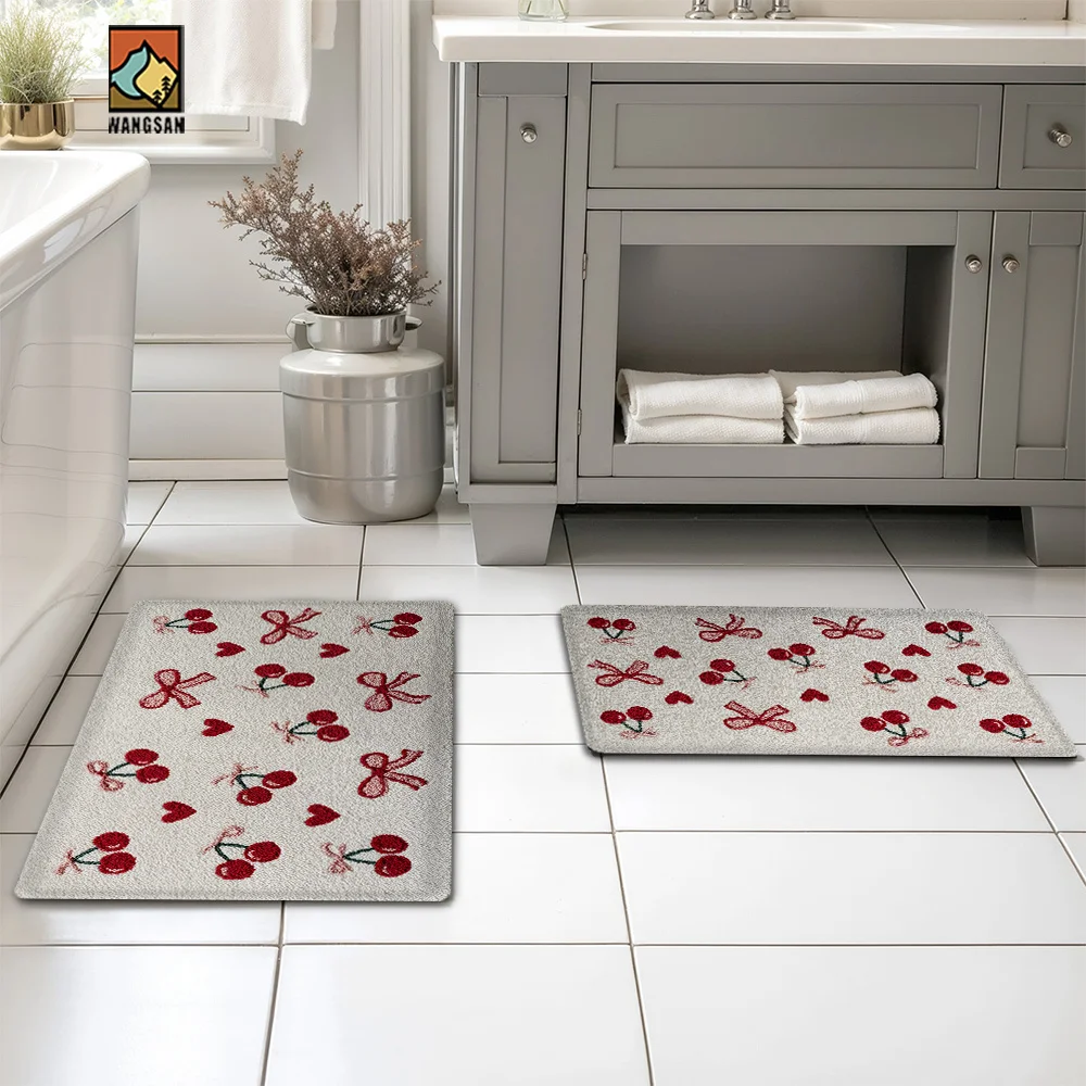 1pc Cute Cherry and Bowknot Pattern Rectangular Bathroom Non-slip Floor Mat, Creative Art Super Fine Fiber Floor Mat, Soft, Ve