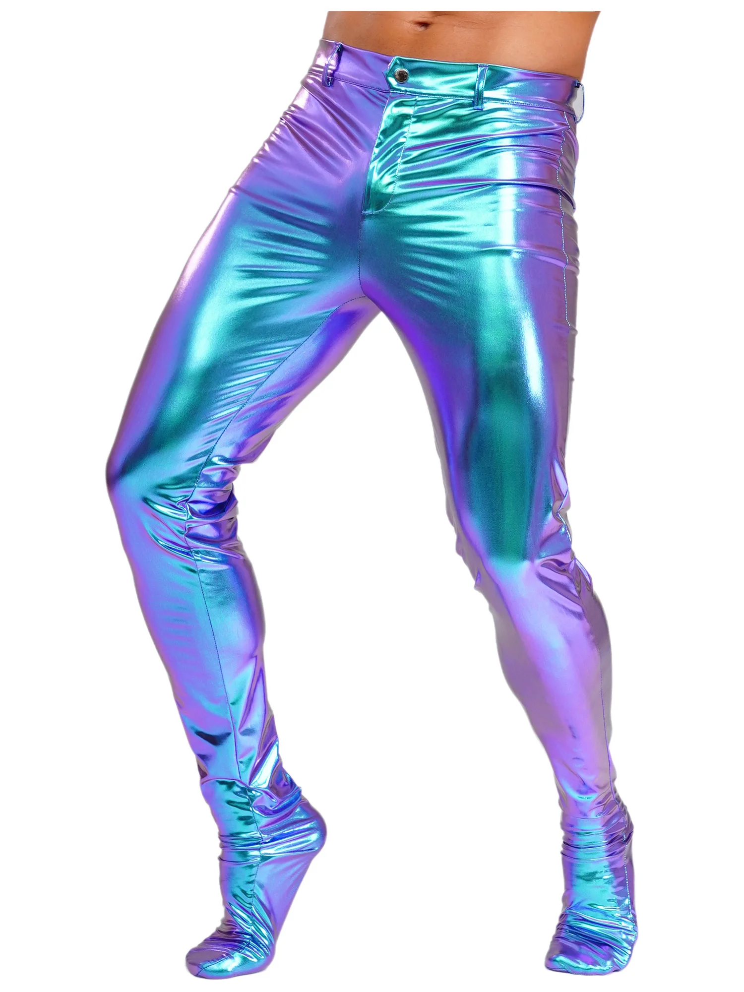 Męskie błyszczące metaliczne rajstopy obcisłe obcisłe spodnie długie spodnie PU taniec legginsy uciskowe strój do klubu nocnego