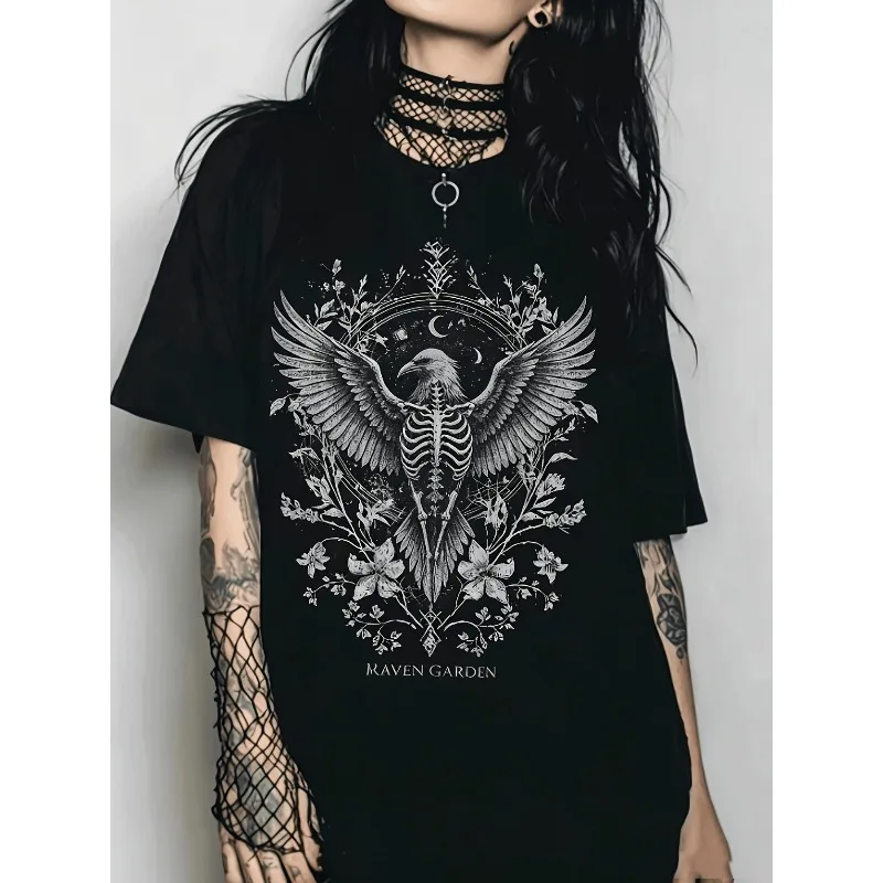 Women's Gothic Style Crow Skull T-shirt - Gothic Font and Crow Decal Women's T-shirt Street Retro Harajuku Style Cotton Unisex