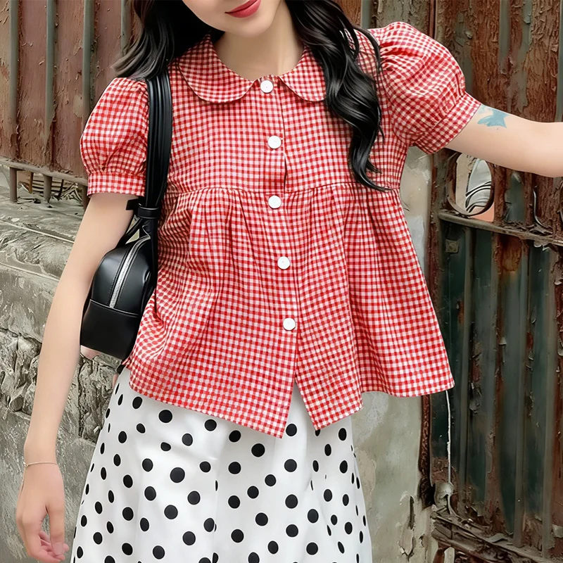 

Женская летняя блузка VONDA с коротким рукавом, модная клетчатая блузка, элегантная блузка с воротником «Питер Пэн», с пышными рукавами, повседневная свободная блузка, топ, туника