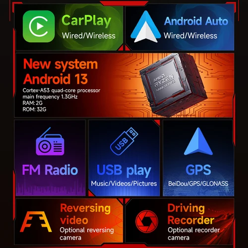 Imagen 2 del producto Radio Andorid para coche con pantalla táctil de 1 Din, 10,1 pulgadas, con navegación GPS, Carplay inalámbrico, Android-Auto, Bluetooth 5,1, Wifi, FM RDS, USB