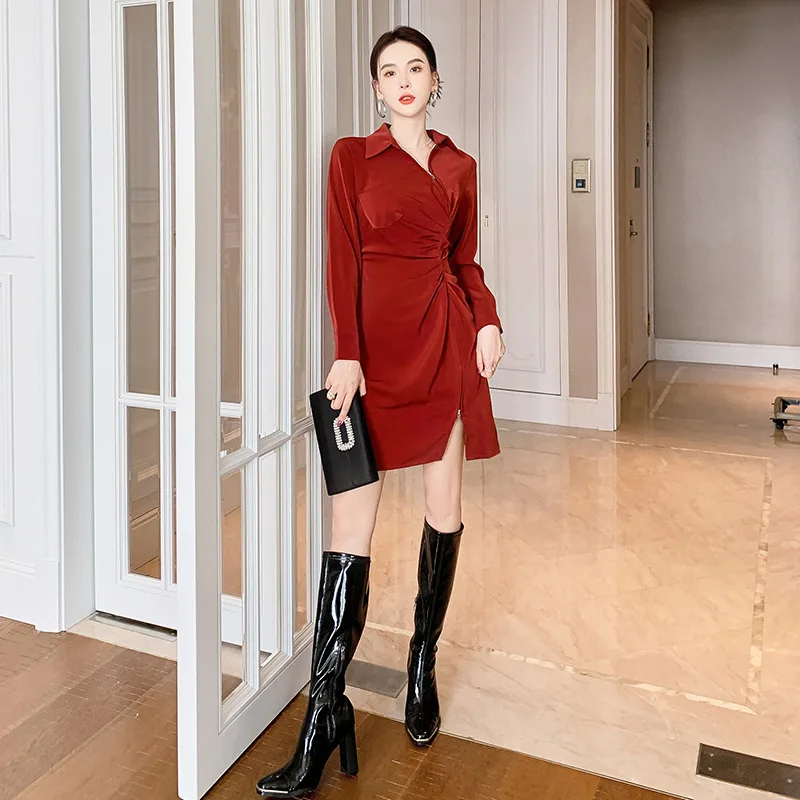 Sukienka koszulowa spódnica jesień nowa elegancka temperament kołnierzyk talia nieregularna dopasowana długa z długim rękawem