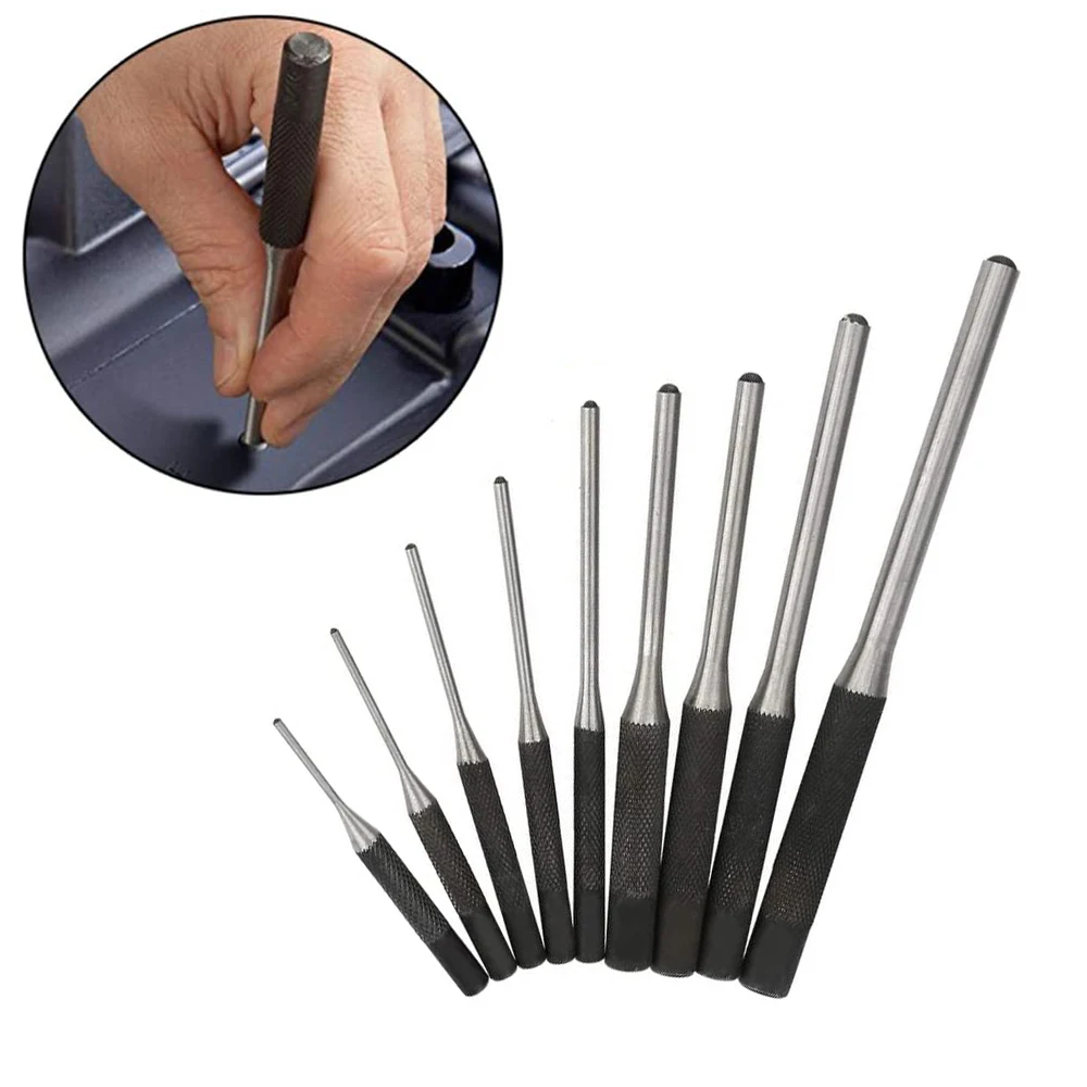 9Pcs Steel Multi Size Round Head Pins Punch Set Grip Roll Pins Punch Tool Kit Professional Hollow End Starter Punch Chisel Tools