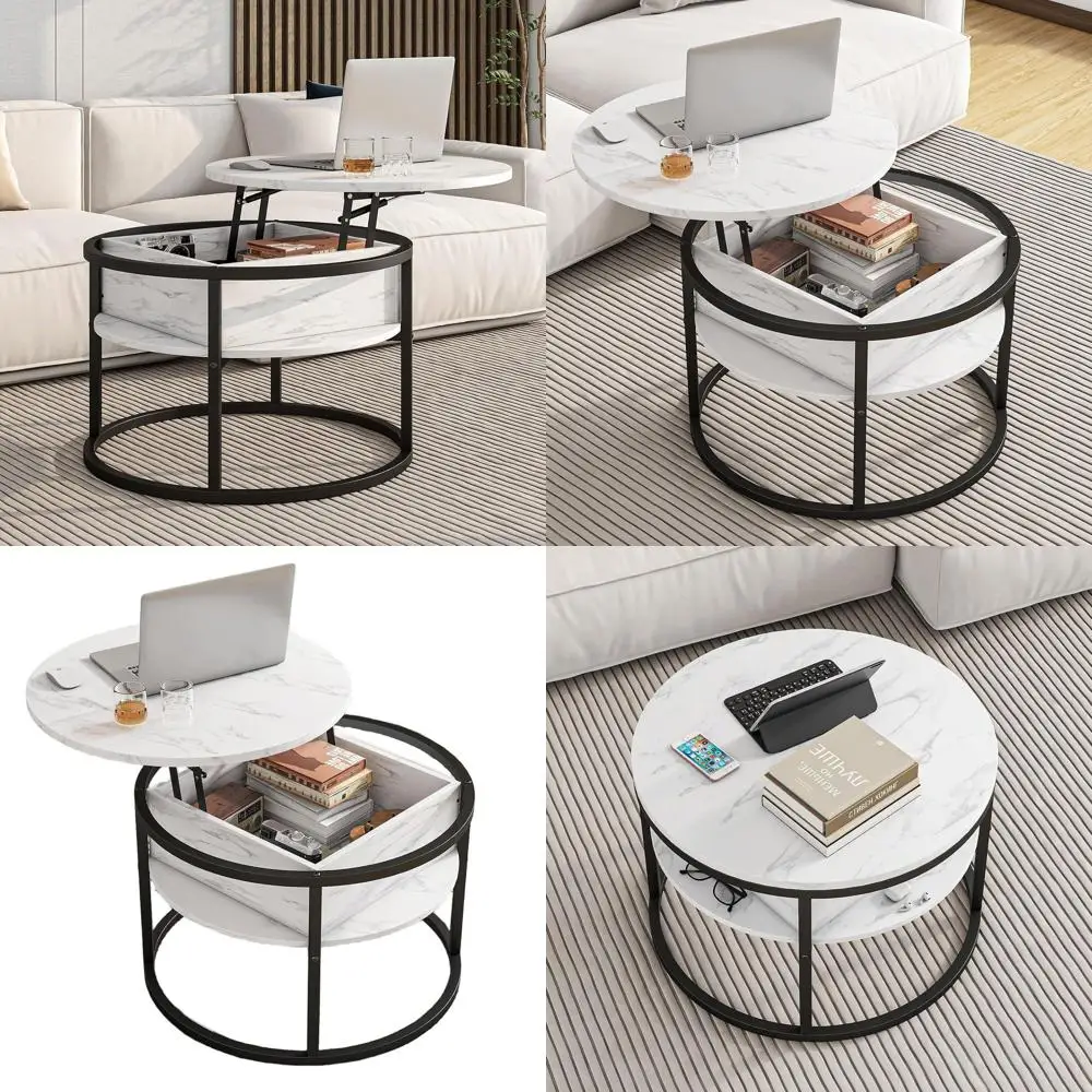 

White Farmhouse Style 2-Tier Round Coffee Table with Storage and Lift Top