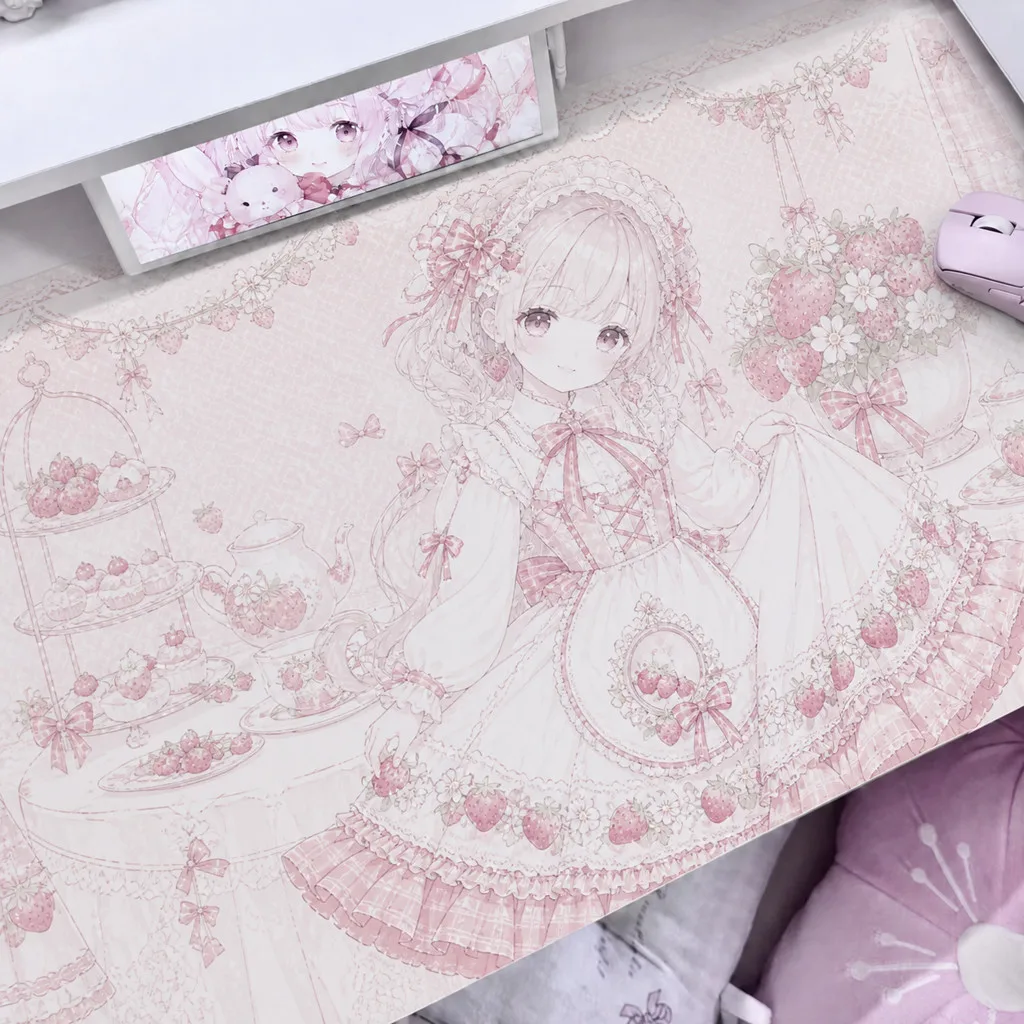 Leather PU Desk Mat Protector Y2K Sweet Pink Strawberry Girl Bunny MousePad Office Desk Mat Waterproof Non-Slip Desk Blotter Pad