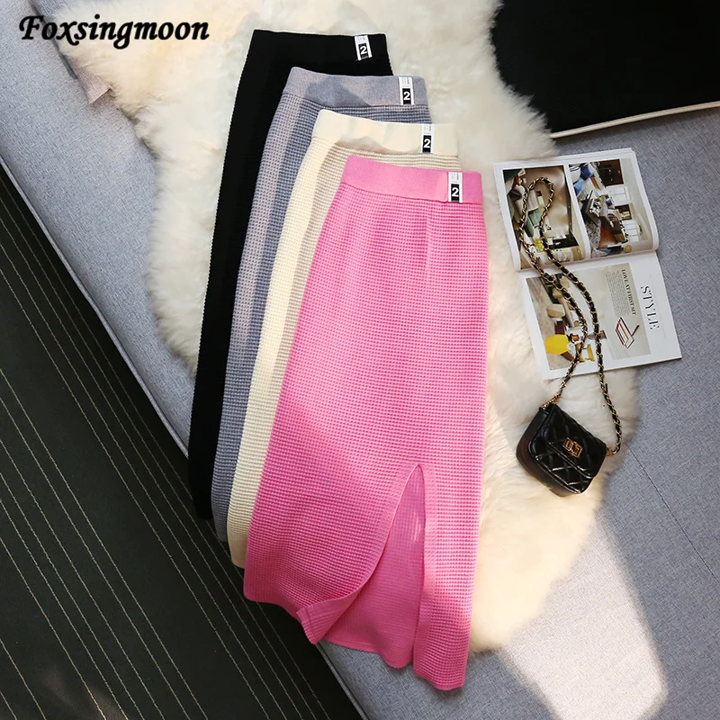 

Women's Mid-long Knitted Half-length Skirt High Waist One-step Skirt Elegant Hip Skirt Open-Forked Autumn Winter 2022