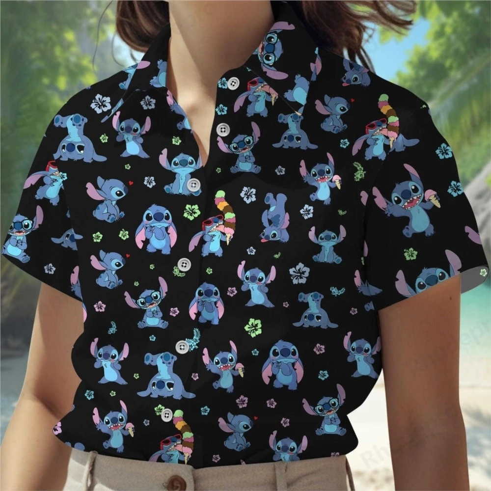 Disney verano Stitch Navidad mujer pantalón corto Casual manga blusas camisas vacaciones playa camisa hawaiana 2025 elegante camisa hawaiana