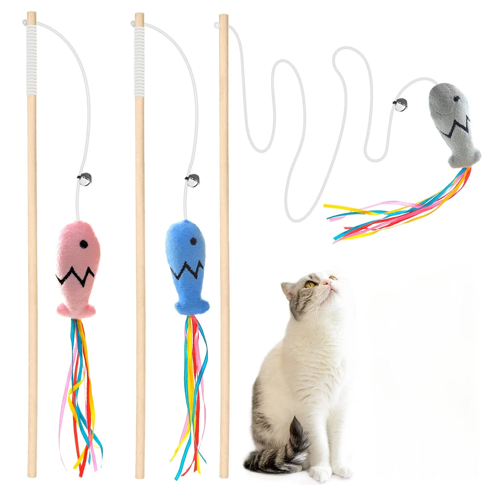 Fashion Cat Wand Toy, Natural Wooden Cat Teaser Wand for Cat, Interactive Elastic String Cat Stick Pole Toy for Indoor Cats