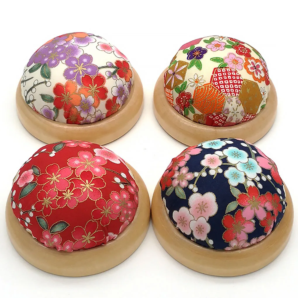 Wooden Base Sewing Cushion Polyester Printed Flower Pincushions Home Knitting Pin Holder, Light Beige