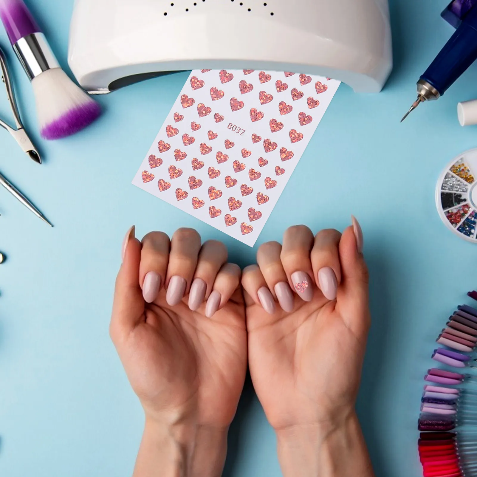 8 Sheets Heart Shaped Nail Decals Premium Quality Safe Skin Friendly Nail Art Sticker Decor for DIY Manicure Salon Home Use