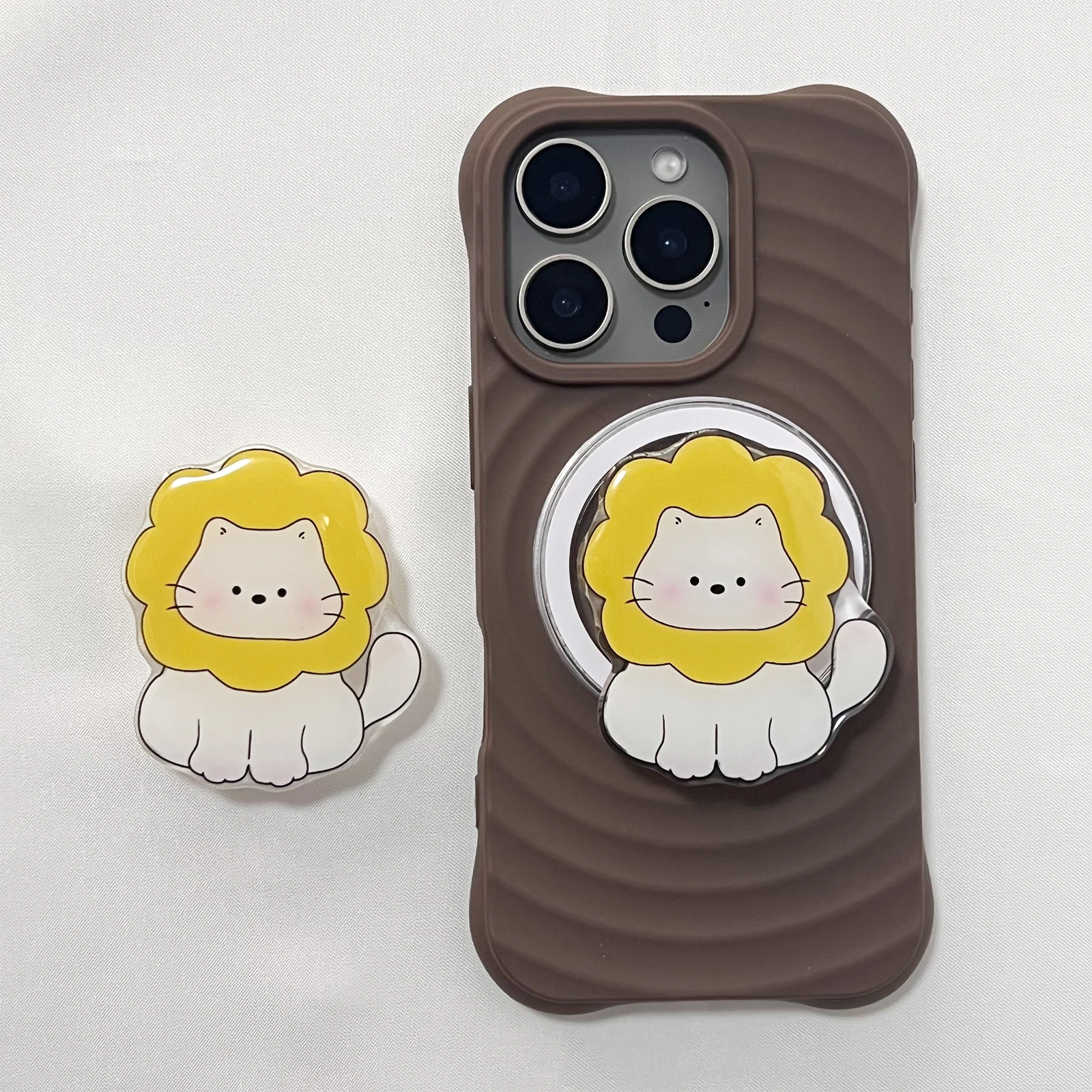 Niedlicher Handyhalter mit gelber Blume und weißer Katze, Griptok-Ständer für iPhone 17 Pro Max Hülle, Grip Tok Halterung, Geschenk für Mädchen