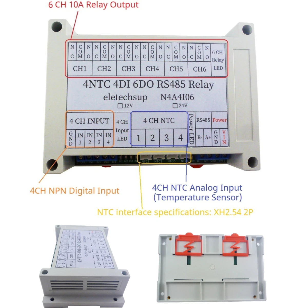 DC 12V/24V 14Ch 4NTC-4DI-6DO Multi-function Temperature collector PLC IO expansion board N4A4I06