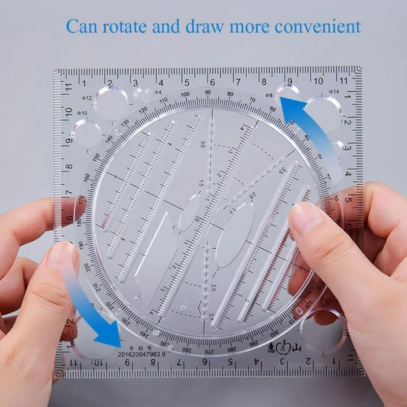 Multifunction Rotatable Drawing Template Art Design Construction Architect Stereo Geometry Circle Drafting Measuring Scale Ruler