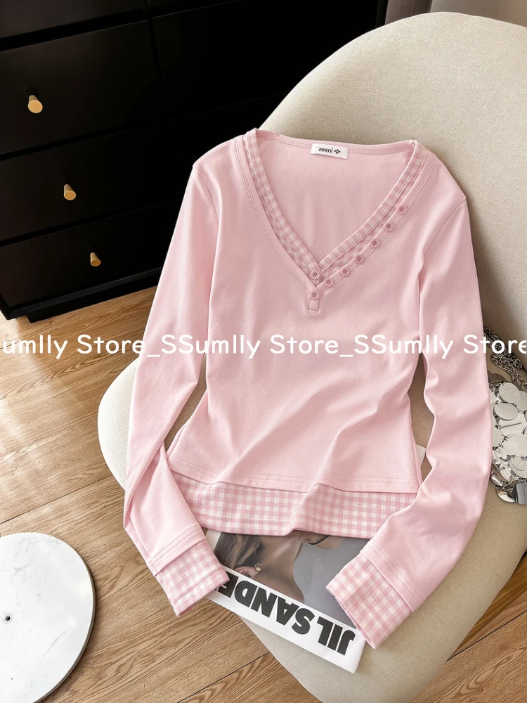 Pink V-neck Fake Two Long-sleeved T-shirts Women Spring New Slim Plaid Stitch Tops Korean Design Casual Underwear Clothes 2025