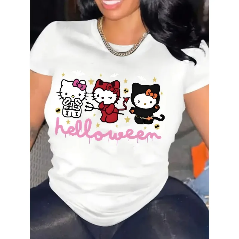 

Sanrio Ladies' Halloween T-Shirt 3 Hello Kitty Characters (Skeleton Witch Black Cat) Casual All-Season Women Crew Neck T-Shirt