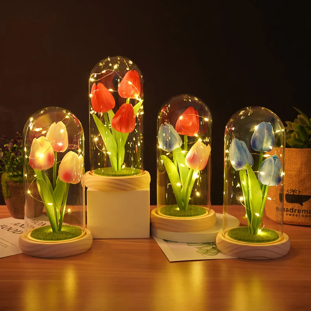 SWEETHOME Tulip Gift Night Light Birthday Gift For Women Children With ARTIFICIAL Flower Glass Cover Decoration Night Light Gift