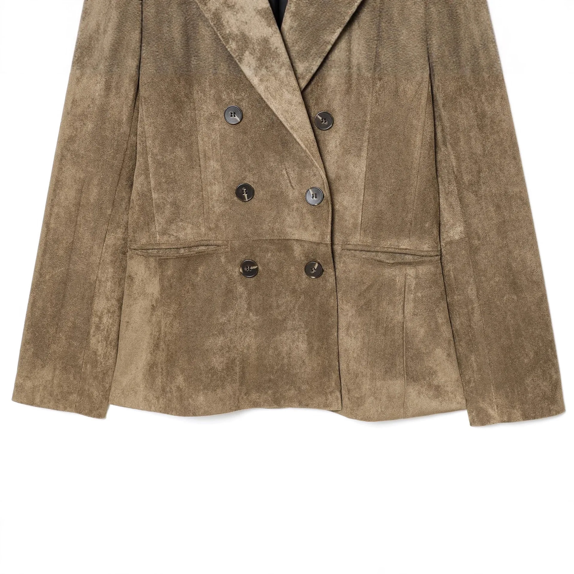 KIDCKRJ 우아한 봄 여성 스웨이드 질감 코트 카키 슈트 칼라 더블 브레스티드 여성 재킷 출퇴근용 미니멀리스트 여성 코트